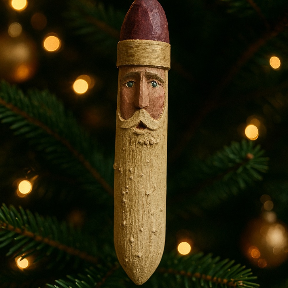 Hand Carved Folk Art Santa Ornament – Signed BAKER 1993 – Rustic Wood Christmas